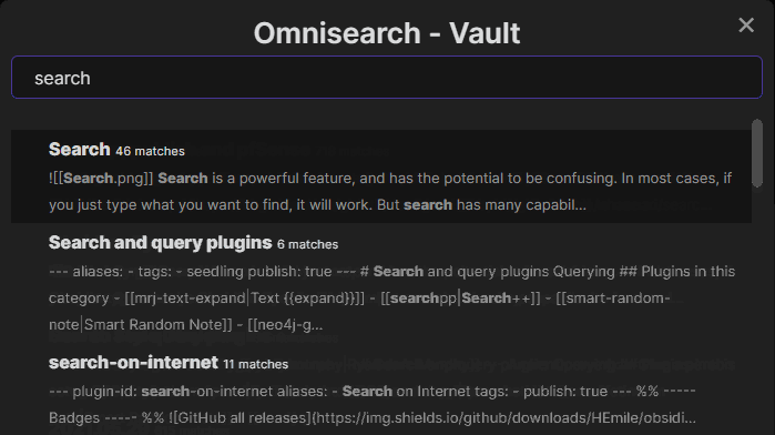A screenshot of the Omnisearch plugin, showing results for the 'search' query. The results are ordered by relevance.